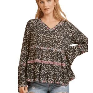Savanna Jane Womens All The Little Things Top Black Leopard Embroidered Plus 1X